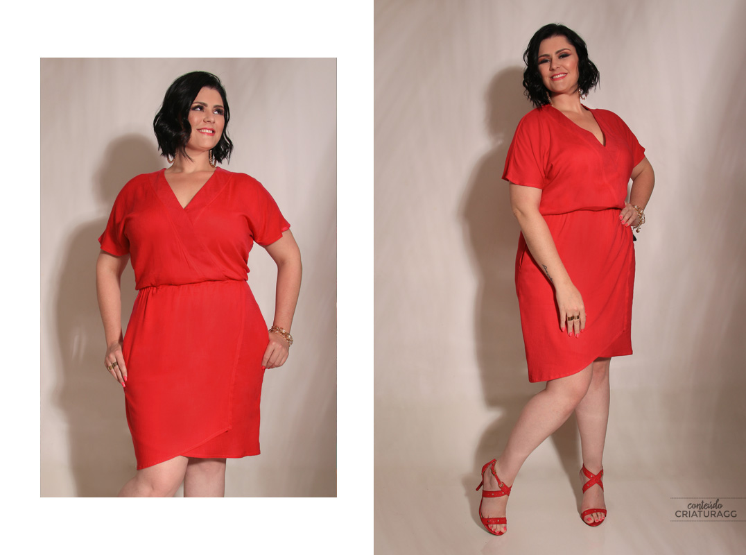 Vestidinho perfeito vermelho + sandália vermelha: look monocromático plus size! Peça: Fruta Pão Plus